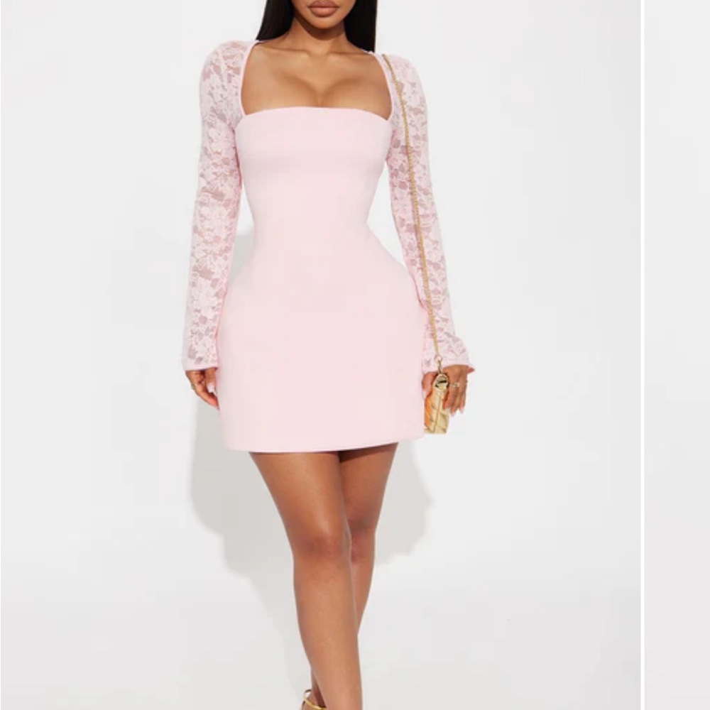 Elegant Pink Lace Sleeve Dress